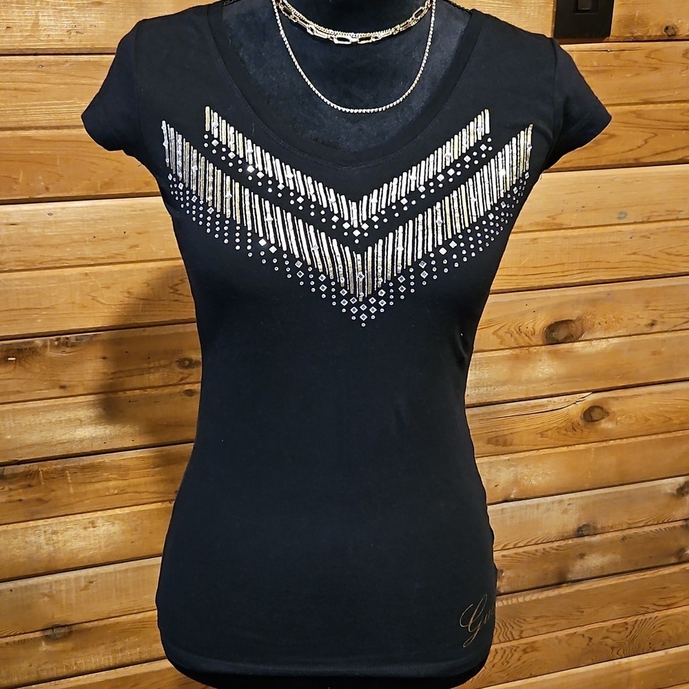 Guess 80s Glam V-neck Gold & Silver Shimmer Tee XS